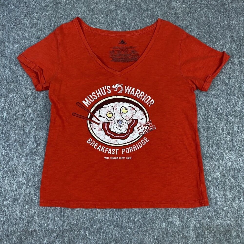 Disney Women's Graphic T-Shirt V Neck Mulan Mushus Warrior Red Short Sleeve Sz S